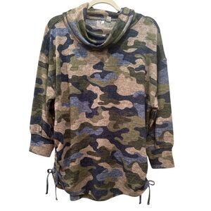 Camouflage Cowl Neck Sweater Ruching on Sides Soft Cozy Fall Sz L